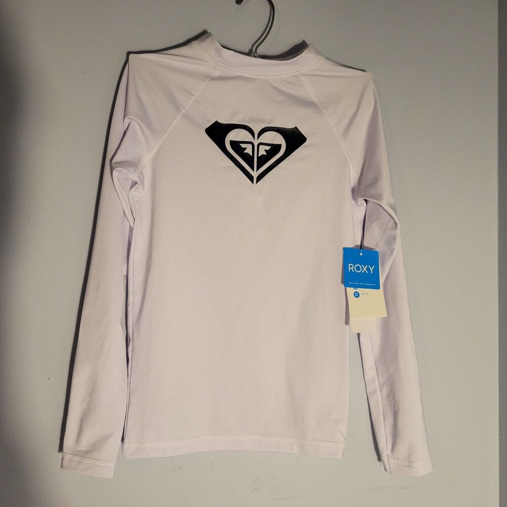 NWT Roxy Girls Long Sleeve Swim Rash Guard Whole Hearted White Size 10/M